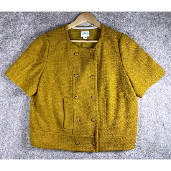 Anthropologie CIDRA Women 14  Mustard Yellow Textured Short Sleeve Button Jacket - Picture 1 of 9